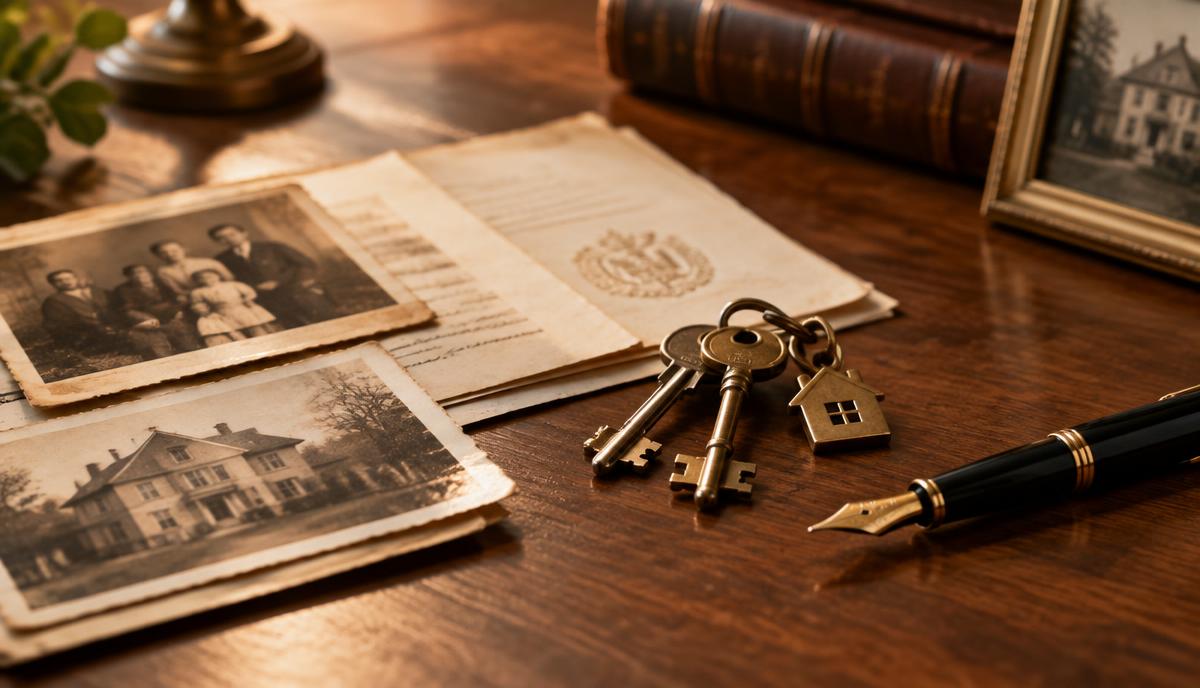 Documenti di famiglia, chiavi di casa e penna stilografica su un tavolo in legno